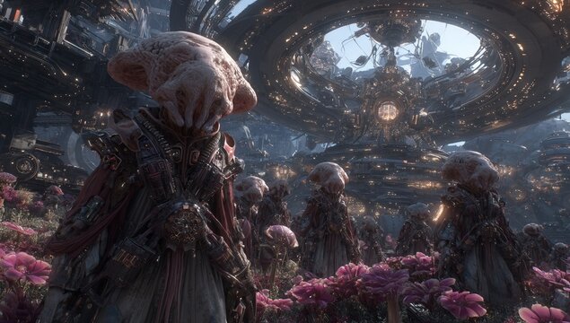 An extraterrestrial wanderer discovers a dynamic alien world, complete with unusual greenery and airborne organic entities set against the backdrop of an alien heavens, AI Generation