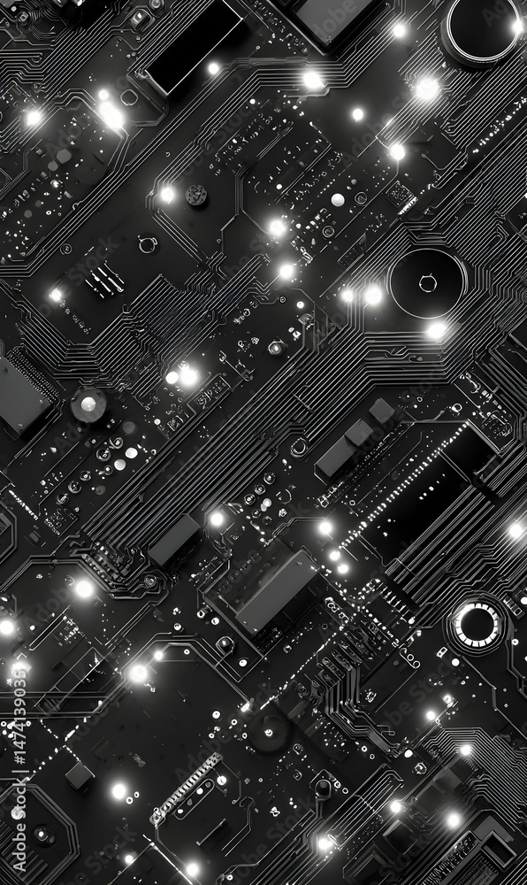 Poster intricate circuit board design featuring a network of illuminated pathways and components