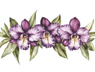 Obraz premium Watercolor painting of purple and white orchids with leaves on a white background, floral illustration, botanical art, elegant design