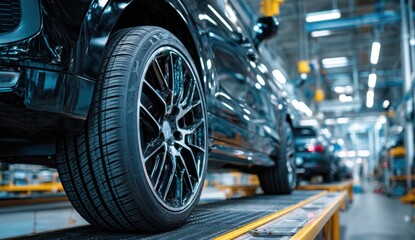 Fototapeta premium Car tire on assembly line machine equipment