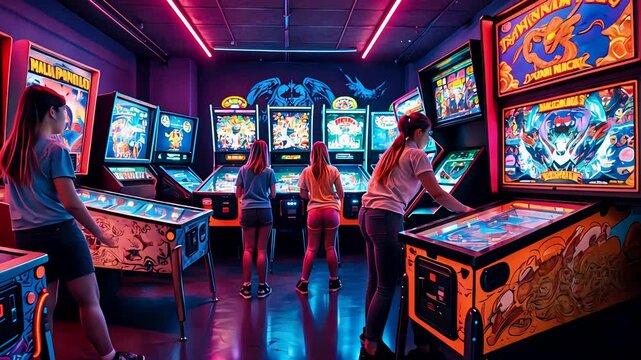 Group Playing Pinball in Neon-Lit Arcade Room Nighttime