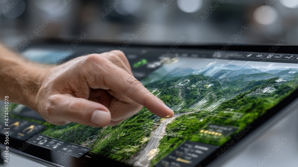 Poster A man is pointing at a map on a screen