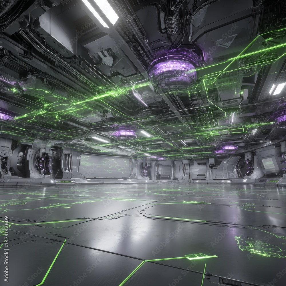 Poster a futuristic digital landscape featuring glowing green lines is set against an abstract technology b