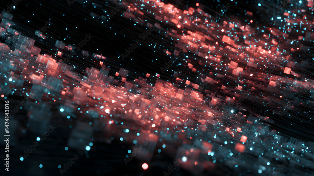 Poster abstract rendering of red cubes and blue lights illuminating a dark field of data
