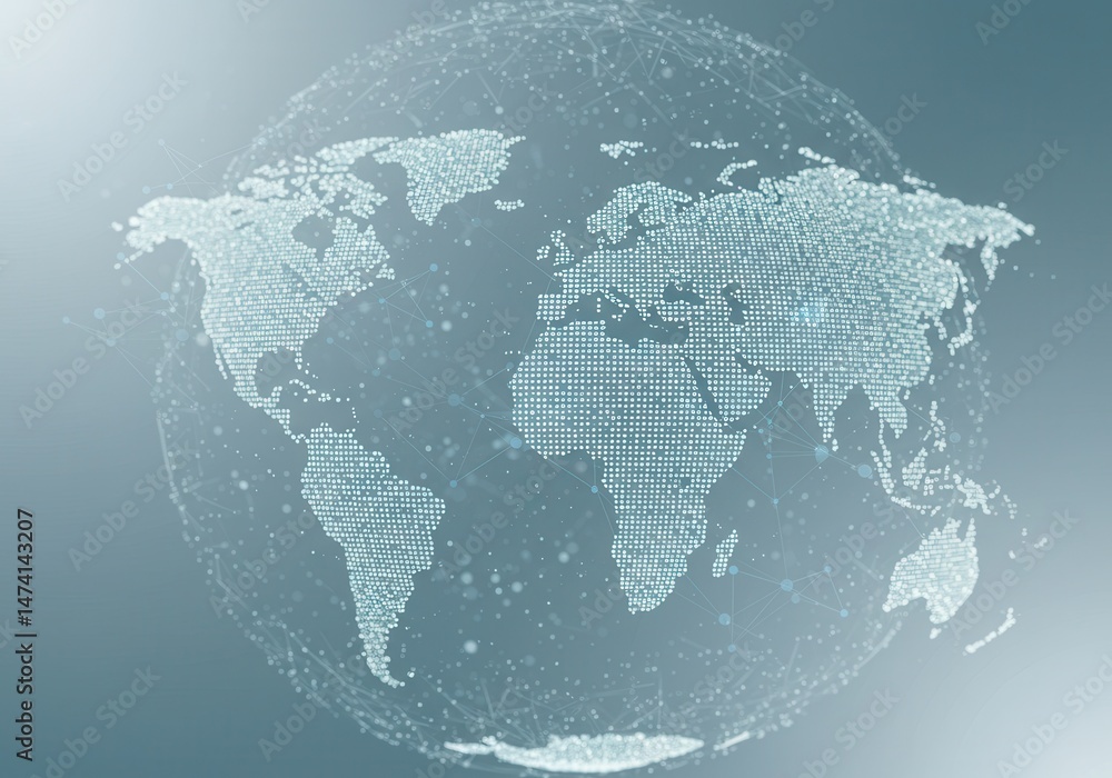 Poster digital world map globe made of small dots floating in a soft blue gradient background