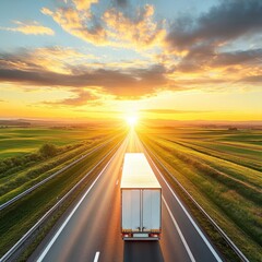 Obraz premium Truck driving on highway at sunrise aerial view transport logistics and supply chain management global trade and distribution