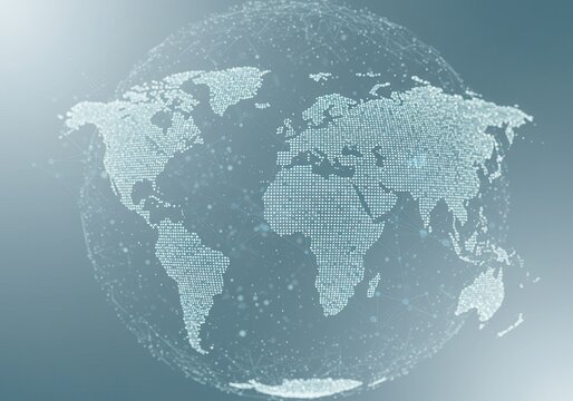 Digital world map globe made of small dots floating in a soft blue gradient background