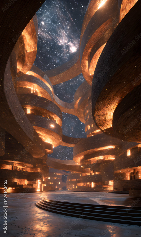Poster futuristic city architecture with cosmic skies and spiral structures creating an otherworldly ambian