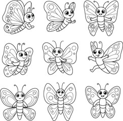 Cute Butterfly Illustrations in Black and White Coloring Page Style Art