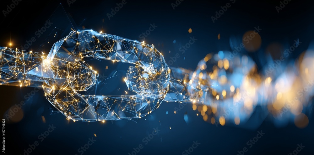 Poster a chain link in a network glows with digital technology, representing connections and the flow of da