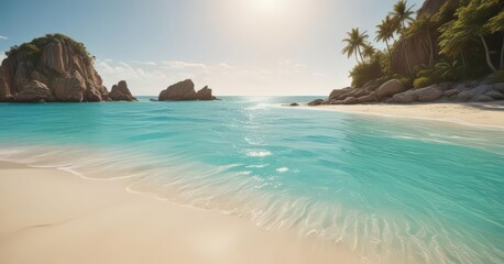 Obraz premium Golden sand, turquoise water, lush island backdrop, tranquility, tropical beach, vacation