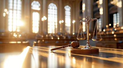 a symbolic scene of justice with a golden scale and a wooden judgeâ€™s gavel placed neatly on a courtroom bench, background blurred with warm morning glow, cozy and professional setting, high