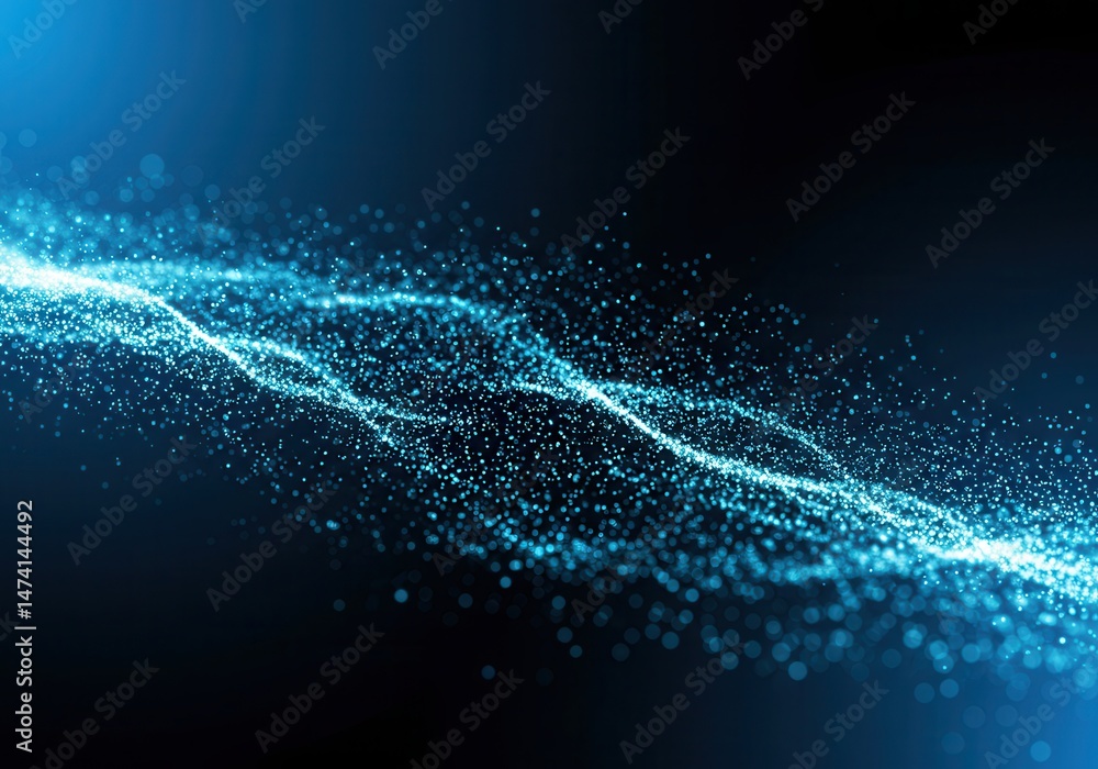 Poster abstract blue wave of glowing particles flowing across a dark background in a modern design