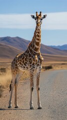 Obraz premium Giraffe stands tall near a winding road against a backdrop of mountains under a clear blue sky