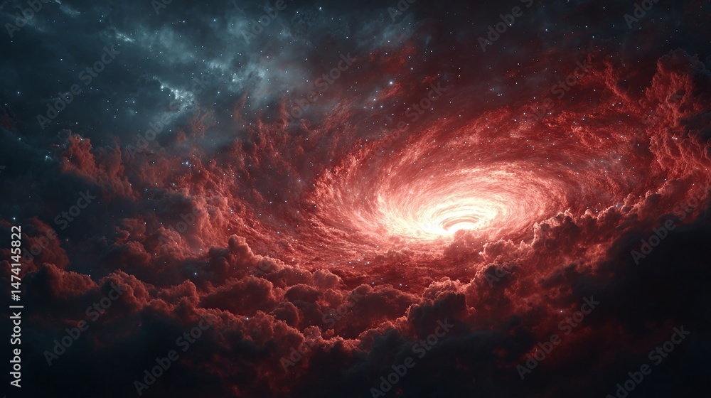 Poster illustration black hole vortex. cosmic dynamics with nebula clouds. outer space environment. energy 