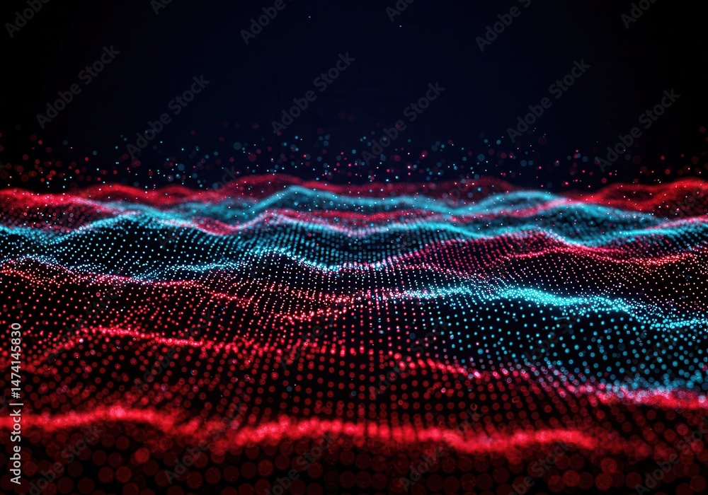 Poster abstract wave pattern with red and blue glowing dots on a dark background, creating a futuristic dig