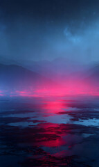 Fototapeta premium Mystical landscape with glowing pink light reflecting in water at night scene