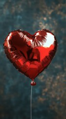 Vibrant red heart-shaped balloon floating against a blurred background of blues and golds