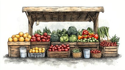 A watercolor illustration of a farmers market stand filled with various fruits and vegetables in crates