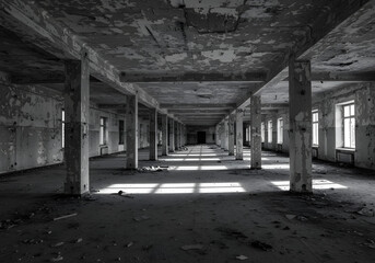 atmospheric abandoned factory hallway with concrete support beams and window light casting geometric shadows in monochrome urban decay
