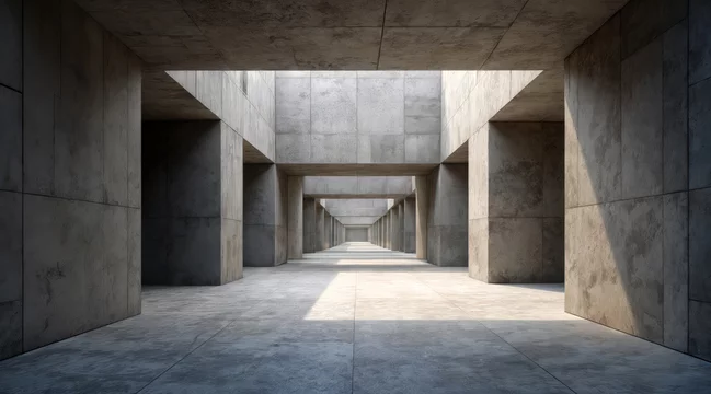 Minimalist brutalist architecture with directional lighting