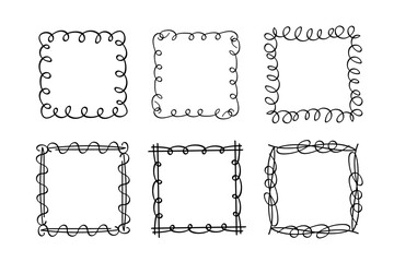 Square doodle stamp frames, hand-drawn wavy curly monograms. Edgings and cadres with simple sketchy scribble swirl design elements. Isolated. Vector illustration.