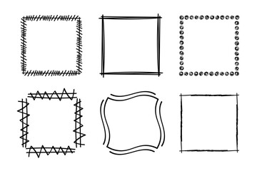 Square doodle stamp frames, hand-drawn wavy curly monograms. Edgings and cadres with simple sketchy scribble swirl design elements. Isolated. Vector illustration.