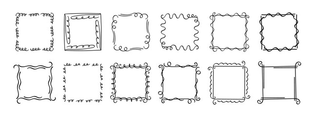 Square doodle stamp frames, hand-drawn wavy curly monograms. Edgings and cadres with simple sketchy scribble swirl design elements. Isolated. Vector illustration.