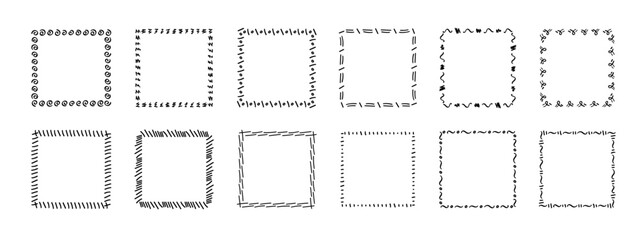 Square doodle stamp frames, hand-drawn wavy curly monograms. Edgings and cadres with simple sketchy scribble swirl design elements. Isolated. Vector illustration.