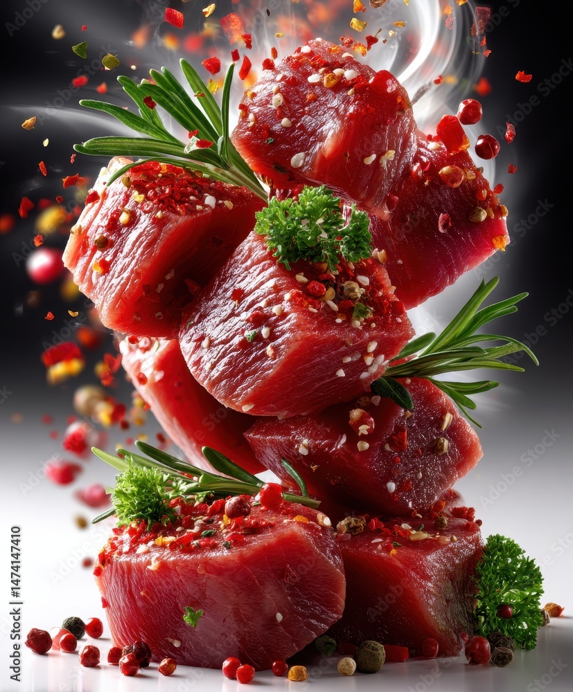 Poster fresh raw beef cubes topped with colorful spices and herbs creating a dynamic culinary presentation 