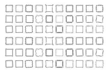 Square doodle stamp frames, hand-drawn wavy curly monograms. Edgings and cadres with simple sketchy scribble swirl design elements. Isolated. Vector illustration.