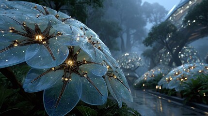 Techno-organic tree with exposed circuits and glowing veins, producing oxygen naturally through synthetic biology, standing in a clean utopia 