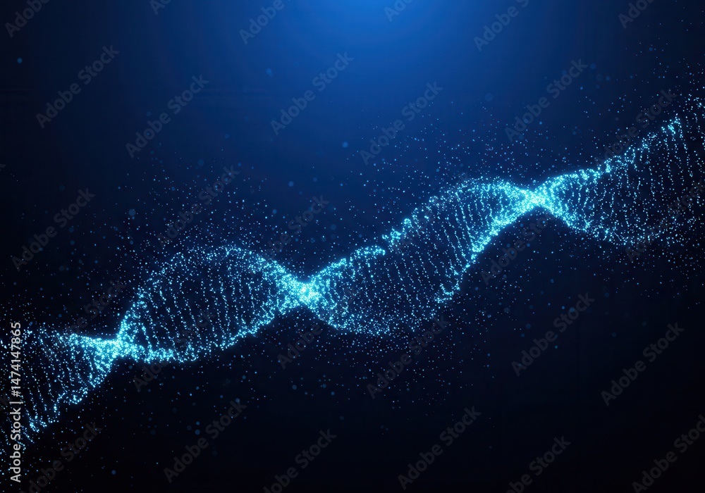 Poster abstract glowing dna strand structure against a dark blue background for science or technology conce