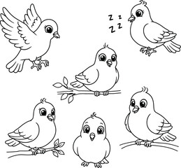 Cute Cartoon Doves Illustrated in Various Adorable Poses and Expressions