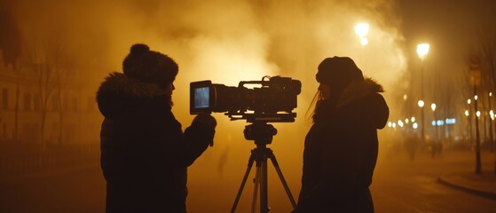 Fototapeta premium Two Filmmakers Shooting a Scene at Night with Professional Camera on Tripod in Foggy City Street Cinematic Silhouette