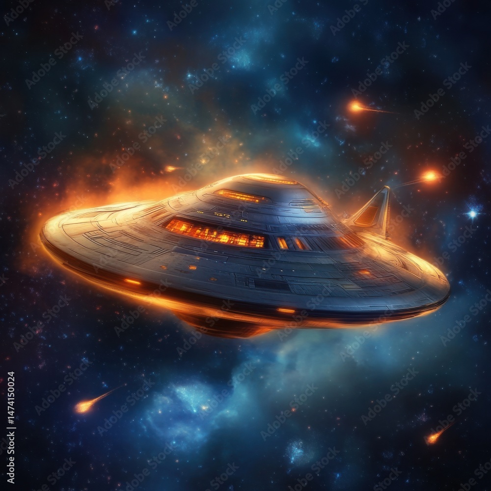 Poster flying saucer in deep space with meteor showers futuristic spaceship concept art