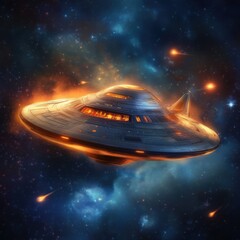 Flying Saucer in Deep Space with Meteor Showers Futuristic Spaceship Concept Art