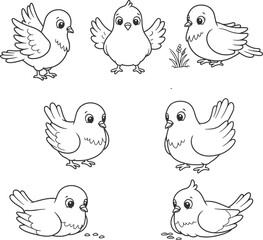 Cute Cartoon Doves Illustrated in Various Adorable Poses and Expressions