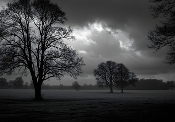 morning mist in rural countryside with skeletal trees and overcast sky in dramatic grayscale photography
