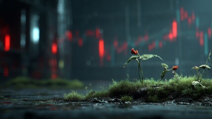 Vibrant green plants are combined with digital data screens