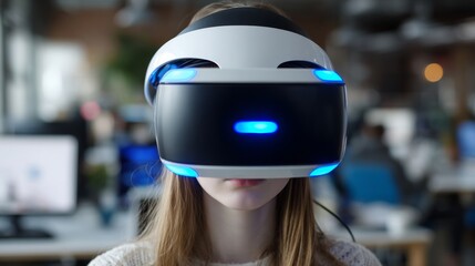 A businesswoman is exploring virtual environments with a VR headset in a modern office