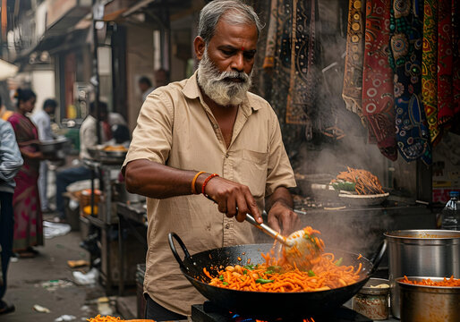 focused indian chef preparing hot, fresh street food in a large pan, with visible steam and a backdrop of a vibrant market scene, capturing the essence of local asian cuisine.

