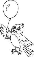 Smiling Bird Holding Balloon Line Art Coloring Page