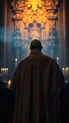 Naklejka premium Candid view of the Pope near an altar, robe aglow in candlelight. No face or hands. Deep shadows, sacred ambiance, rich textures, and ornate detail rendered in stunning 48k realism.