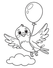 Smiling Bird Holding Balloon Line Art Coloring Page