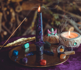 Black Ritual Candle Burning During Full Moon. Esoteric Metamorphosis Ceremony