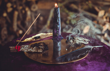 Black Ritual Candle Burning During Full Moon. Esoteric Metamorphosis Ceremony