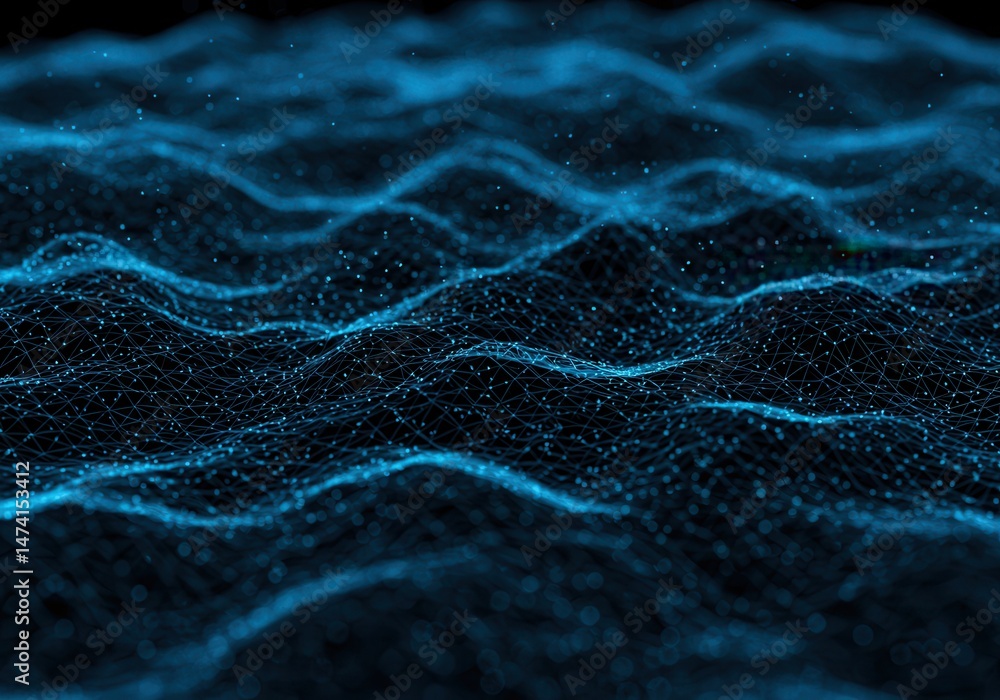 Poster abstract blue network background with connected dots creating a wavy pattern in a dark setting