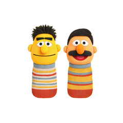 Fototapeta premium Colorful pair of handcrafted knitted sock puppets with expressive faces sitting against a bright yellow background