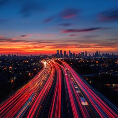 City skyline with highway traffic at sunset long exposure time lapse aerial view in urban landscape